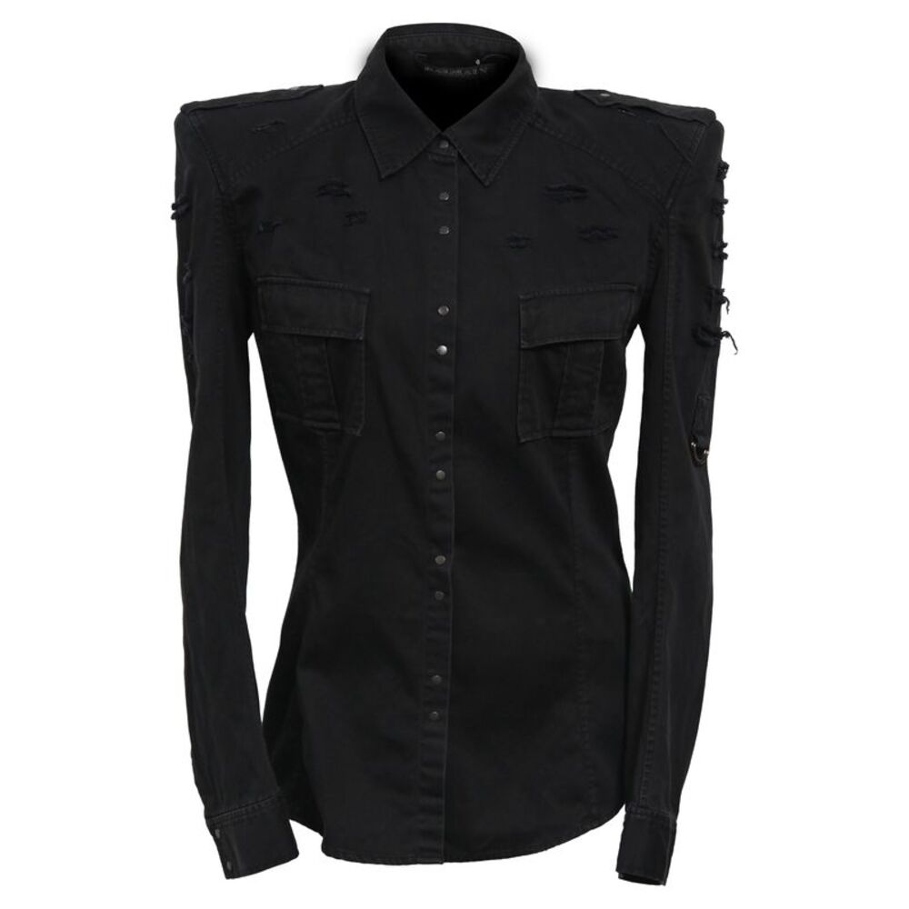 Balmain Distressed Denim Shirt in Black Cotton